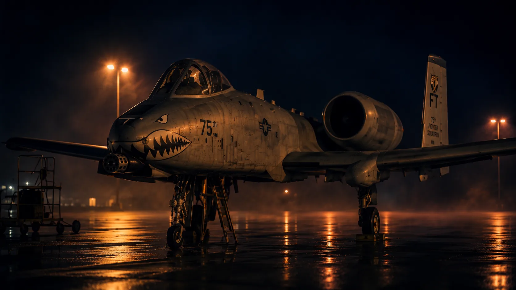 A-10 of the 75th Fighter Squadron on the ramp, shark teeth in the amber light