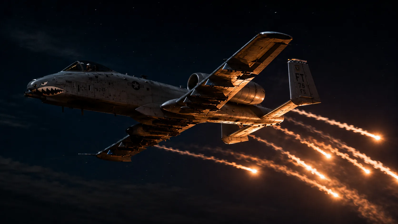 A-10 of the 75th Fighter Squadron breaking hard at night, punching flares