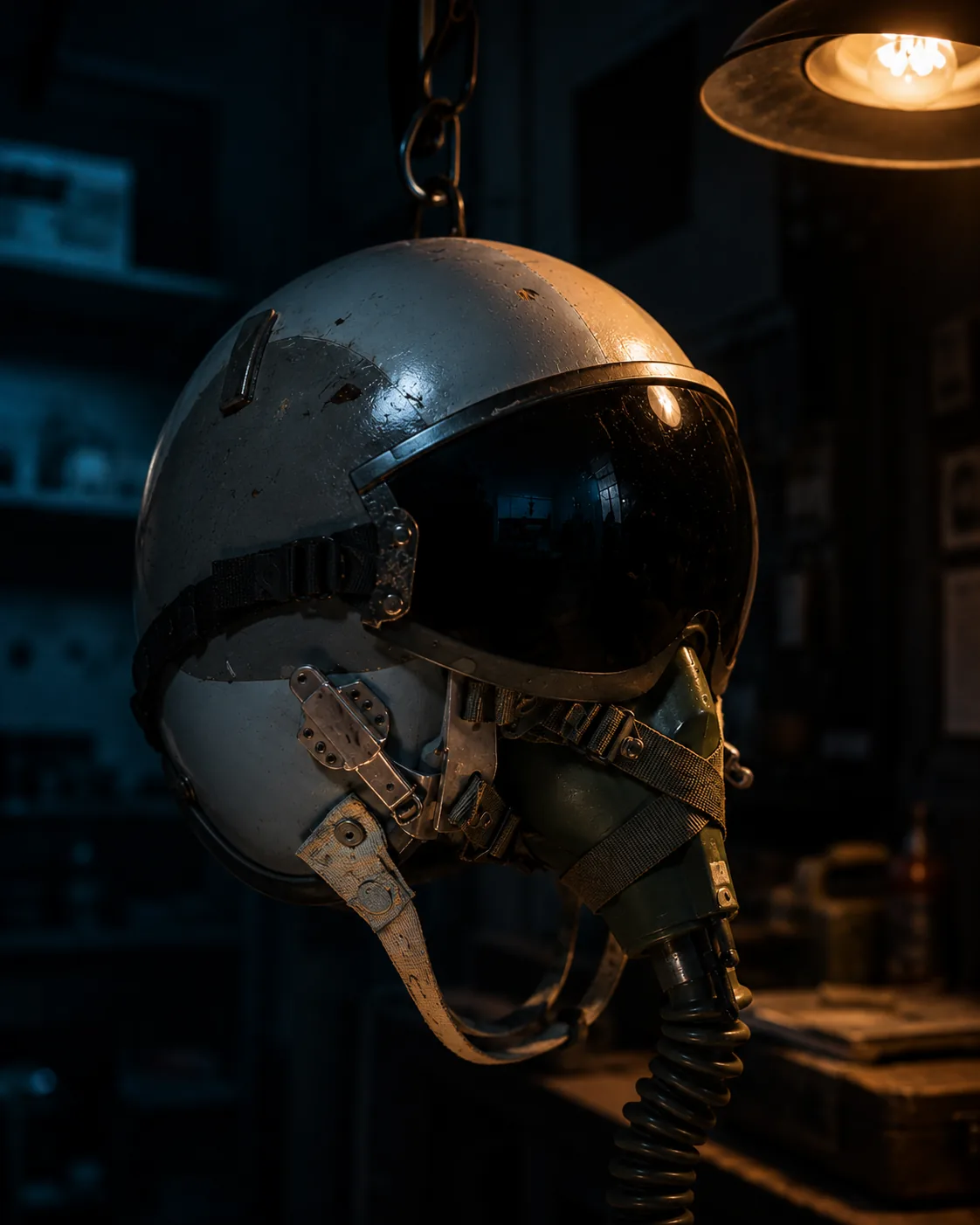 Pilot helmet hanging in a dark crew room