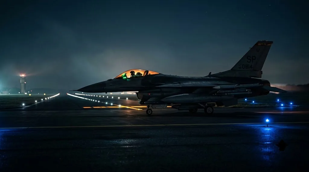 F-16 holding short at night, canopy glowing