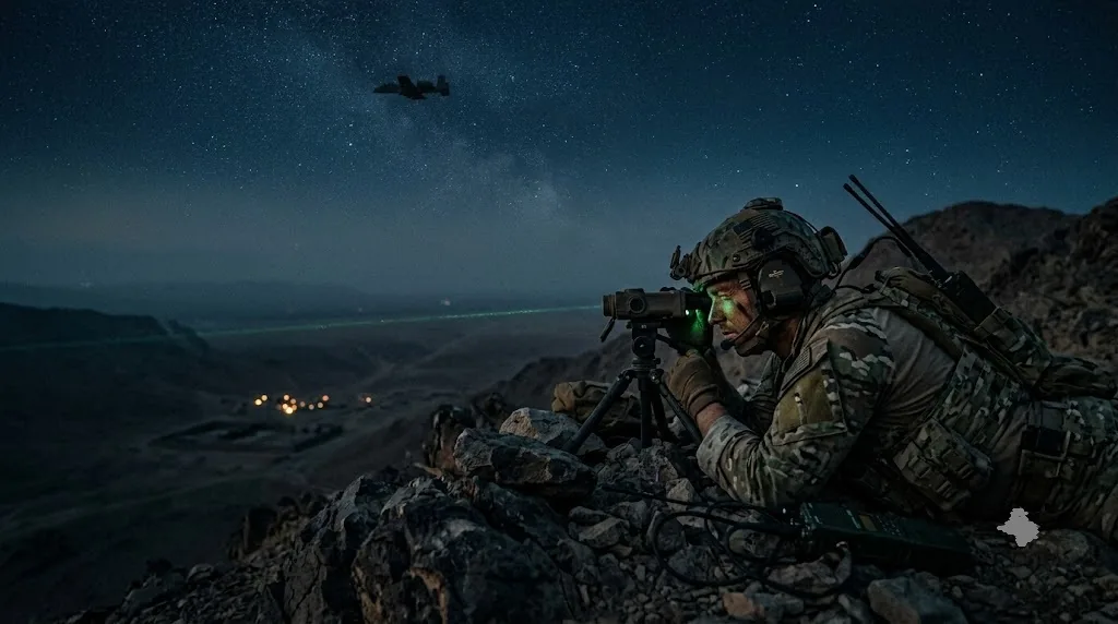 JTAC on a night ridge, A-10 circling above