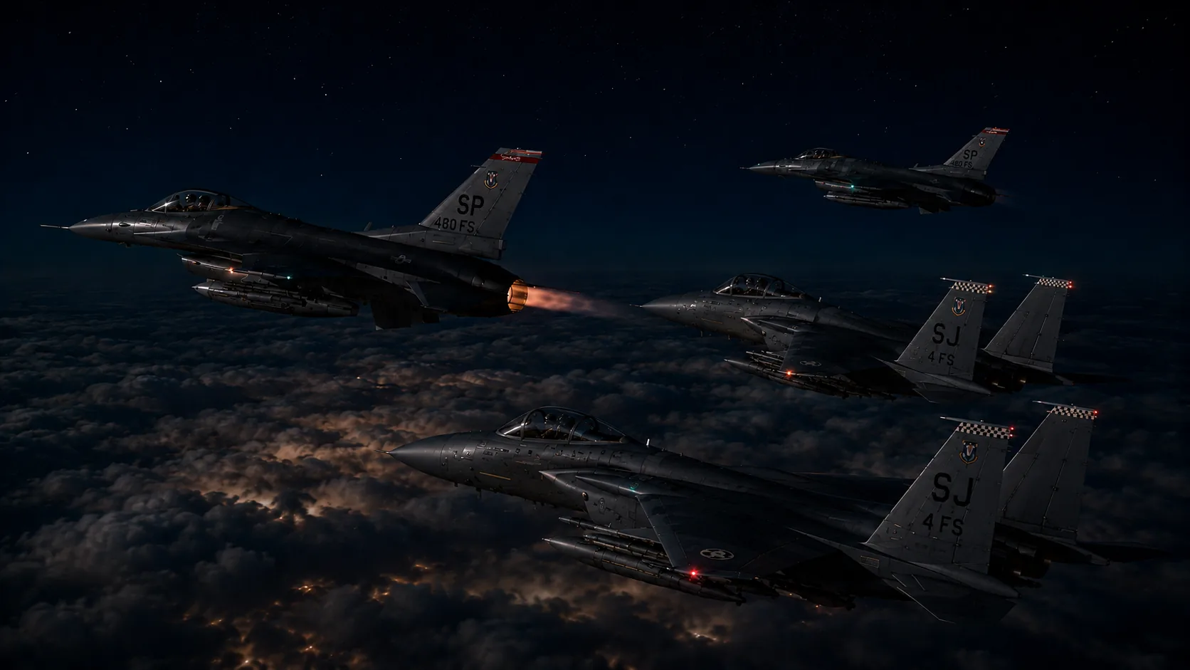 Mixed formation of F-16s and F-15s above the clouds at night